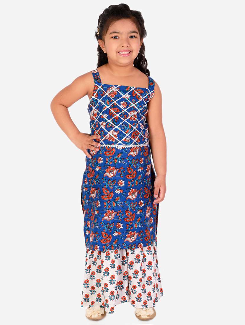 blue printed kurta sharara suit set