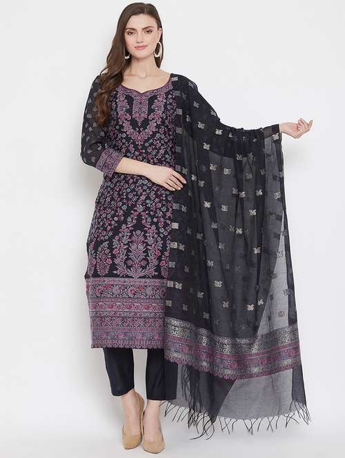 navy cotton unstitched suit - 18278385 - Standard Image - 0