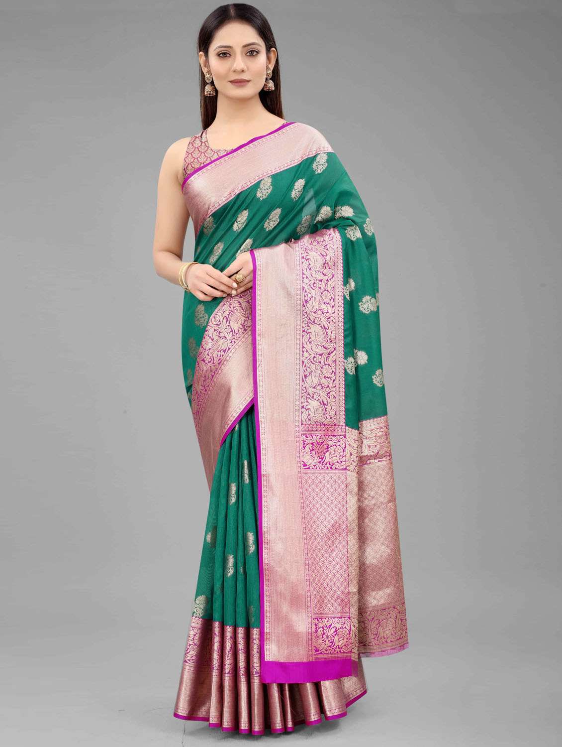 women's self design bottle green colored saree with blouse