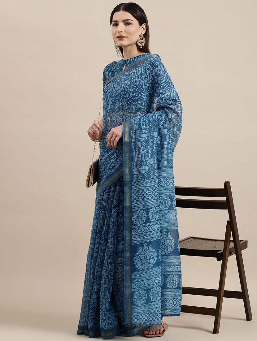 blue cotton blend printed saree - 18281915 - Zoom Image - 0