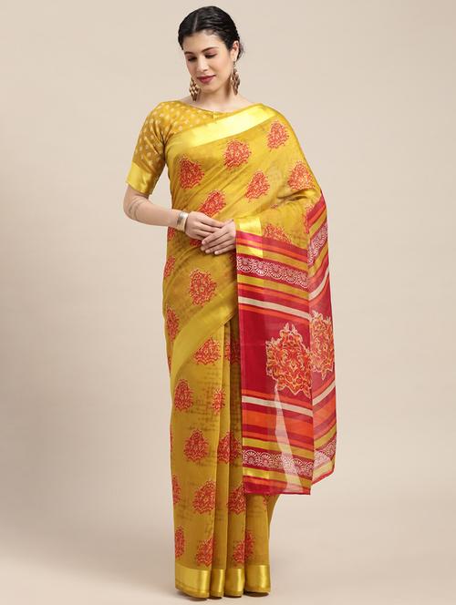 women's block print mustard colored saree - 18281926 -  Standard Image - 0