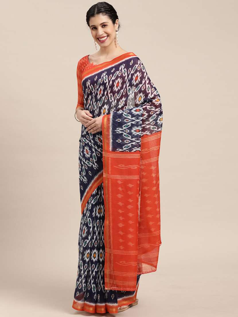 navy cotton blend printed saree - 18281932 -  Zoom Image - 0