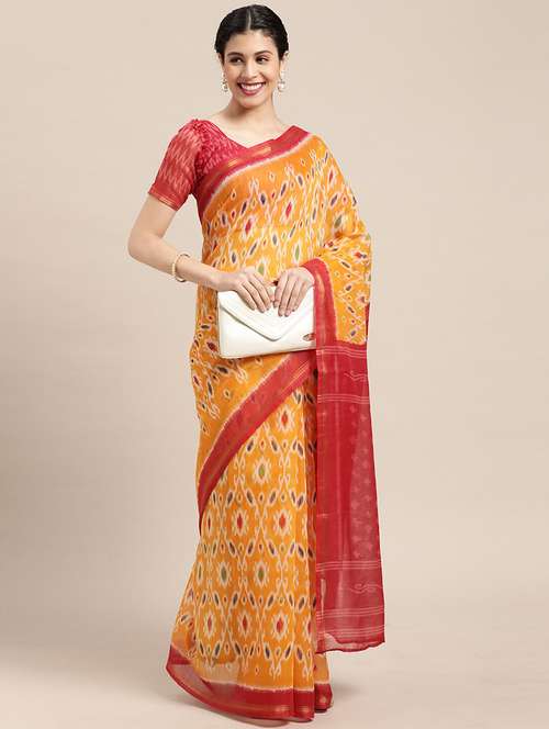 yellow cotton blend printed saree - 18281936 - Standard Image - 0