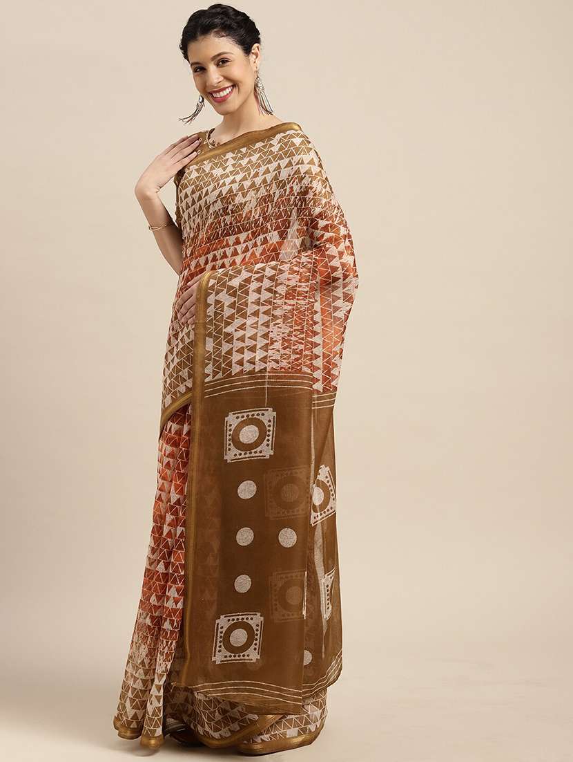 orange cotton blend printed saree - 18281938 - Zoom Image - 0