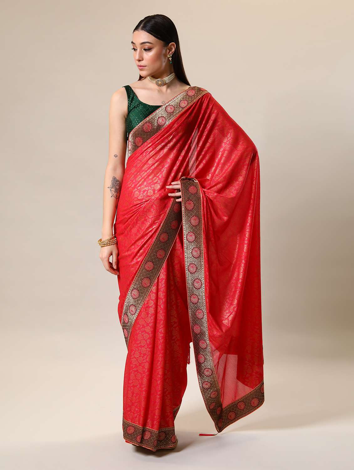 women's foil print orange colored saree