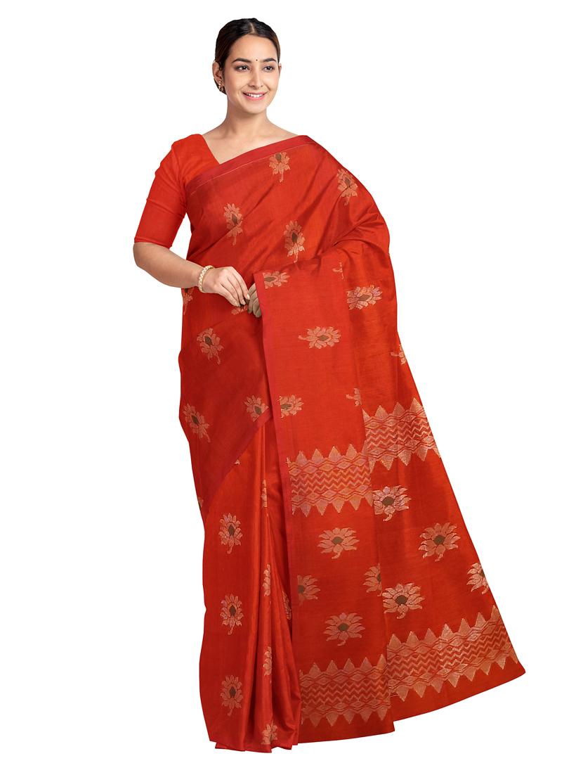 orange linen handloom saree with blouse - 18282310 -  Zoom Image - 0