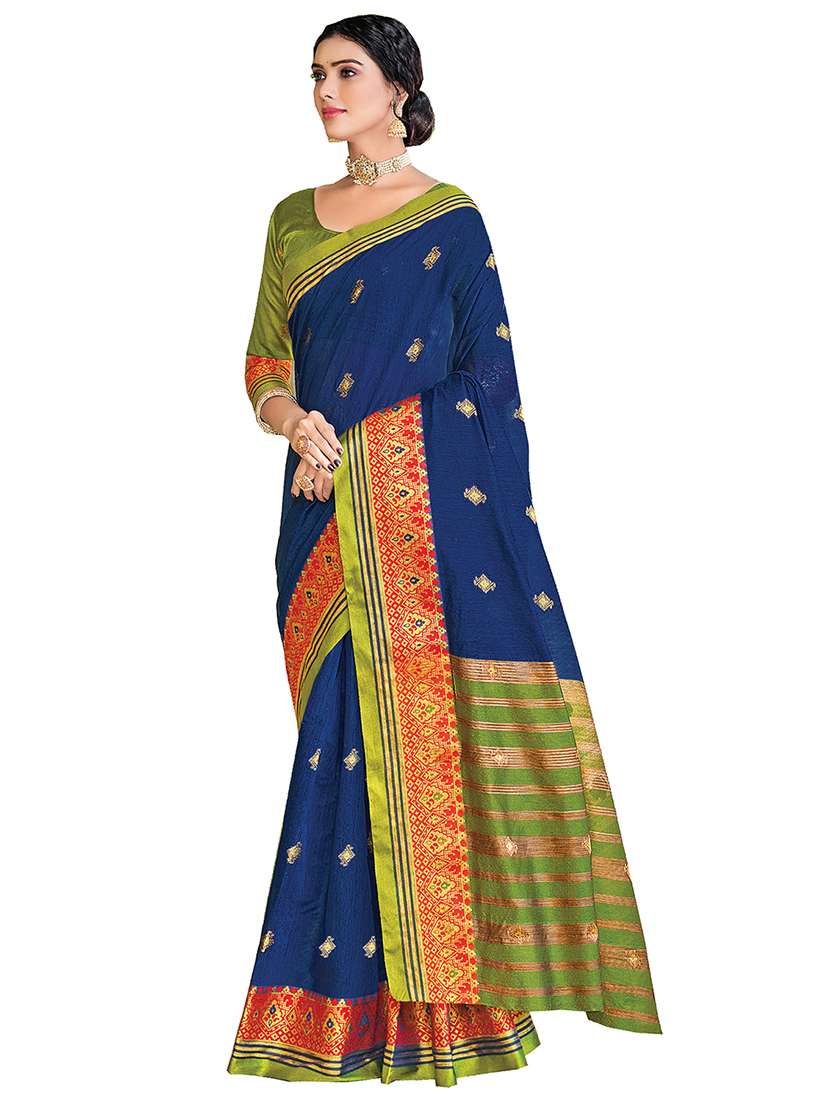 women's self design navy blue colored saree with blouse