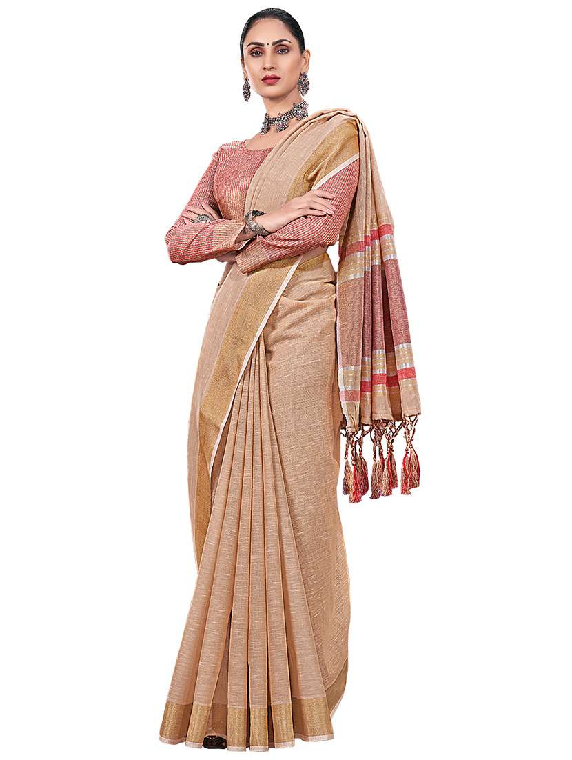 women's self design beige colored saree with blouse