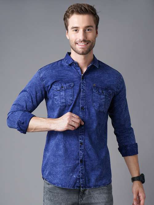 navy blue light-washed denim casual shirt - 18283651 -  Standard Image - 0
