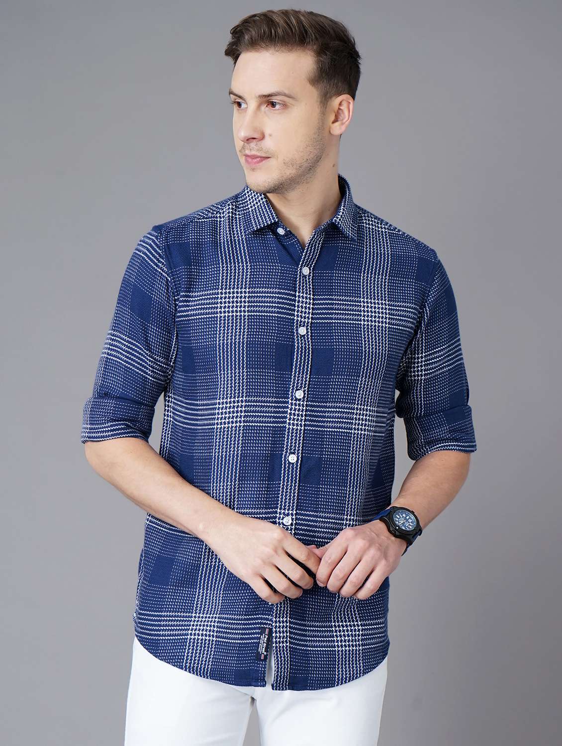 navy-blue checkered casual shirt - 18283669 - Zoom Image - 0