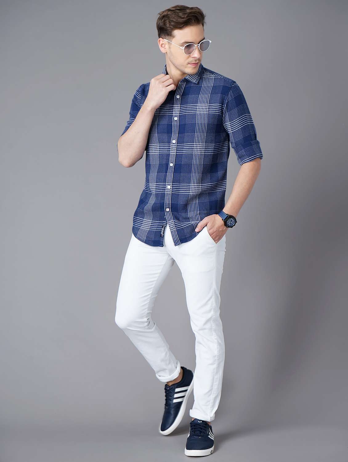 navy-blue checkered casual shirt - 18283669 - Standard Image - 3