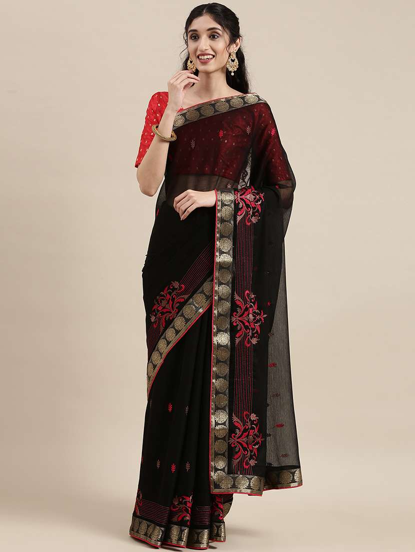 black chiffon embroidered saree with blouse