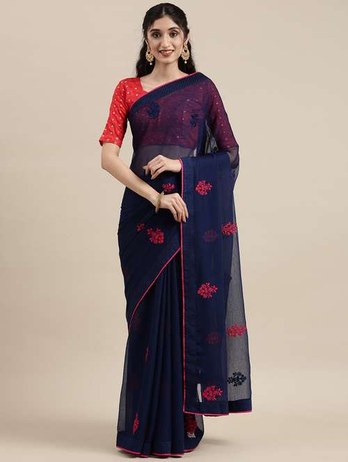 navy chiffon embroidered saree - 18283876 -  Standard Image - 0