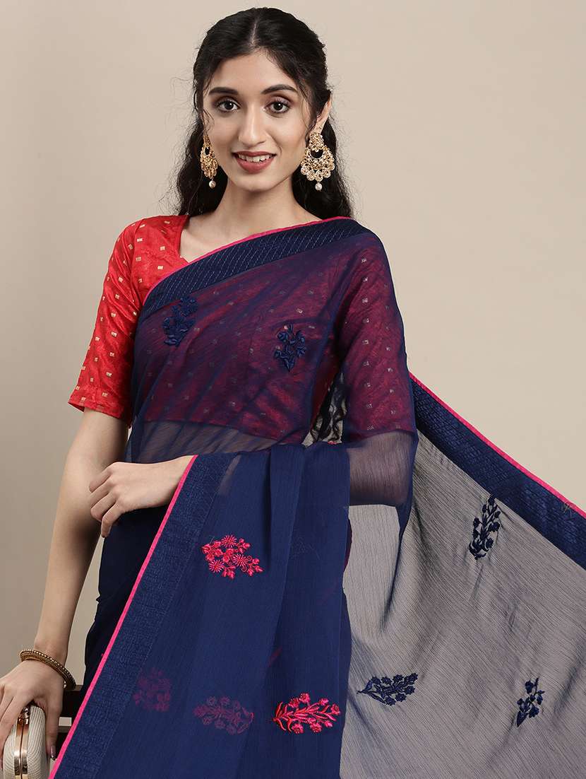 navy chiffon embroidered saree - 18283876 -  Standard Image - 3