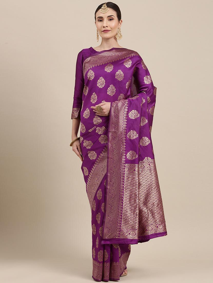 purple silk blend banarasi saree with blouse - 18284265 -  Zoom Image - 0