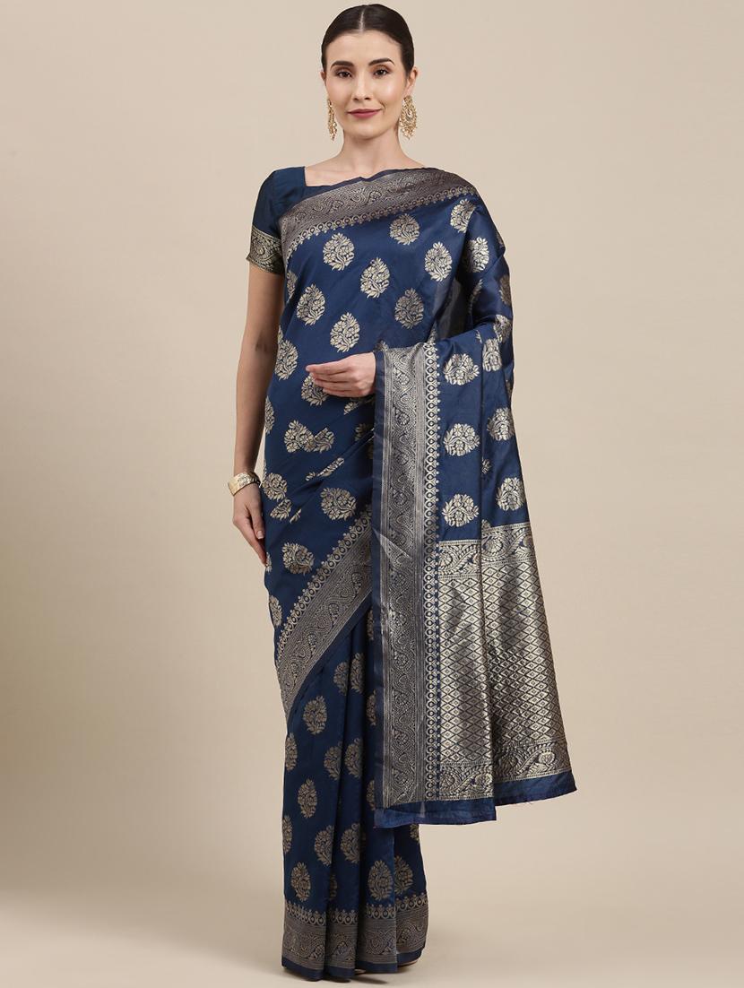 navy silk blend banarasi saree - 18284272 - Zoom Image - 0