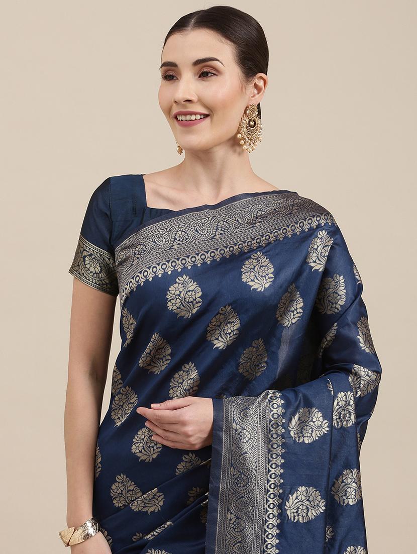 navy silk blend banarasi saree - 18284272 - Standard Image - 3