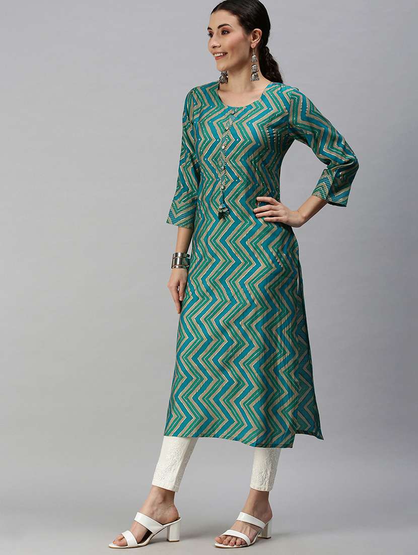 blue cotton blend straight kurta - 18284984 - Zoom Image - 0