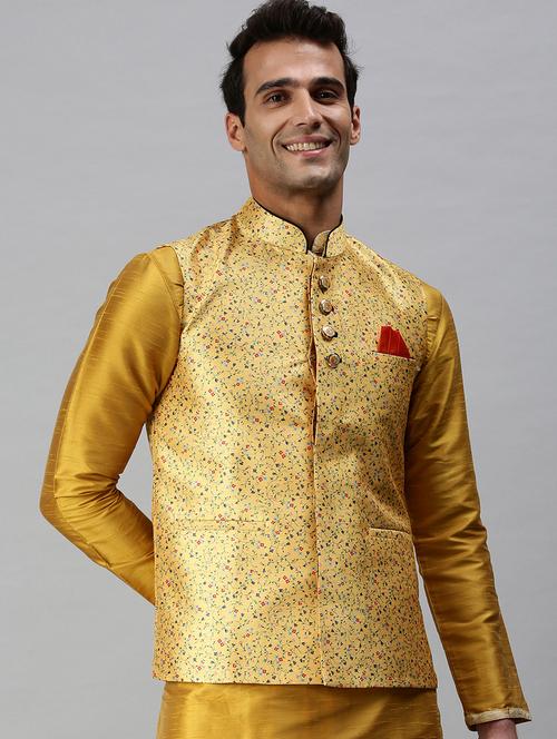 yellow printed nehru jacket - 18285447 - Standard Image - 0