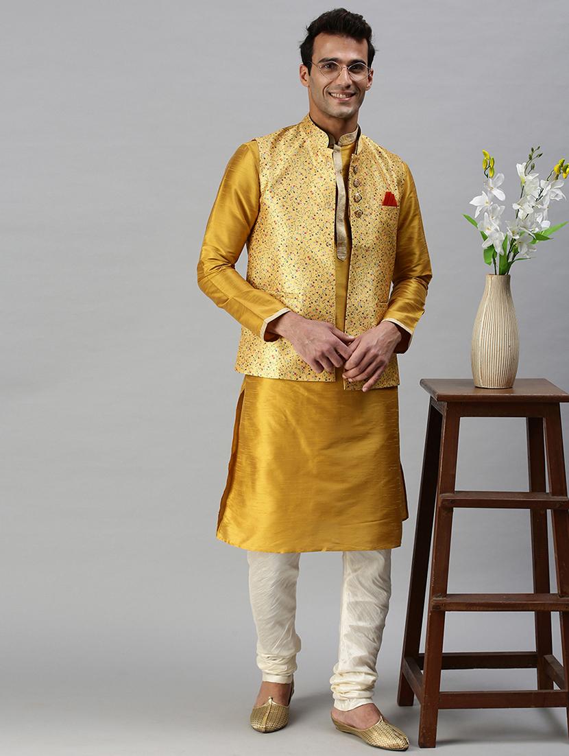 yellow printed nehru jacket - 18285447 - Standard Image - 3