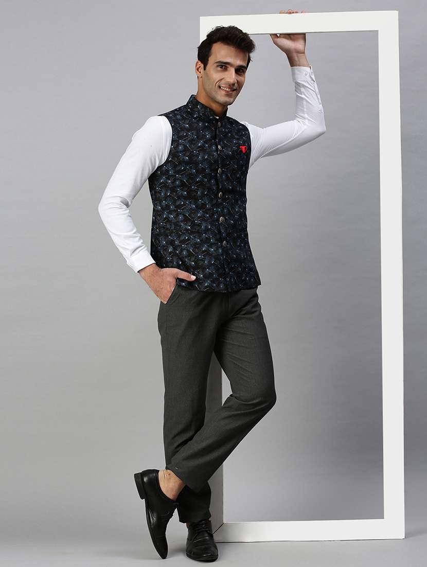 navy-blue printed nehru jacket - 18285449 -  Standard Image - 3