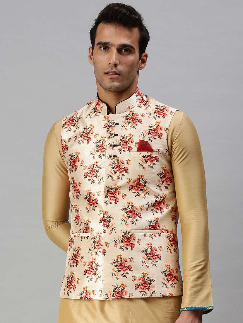 pink printed nehru jacket