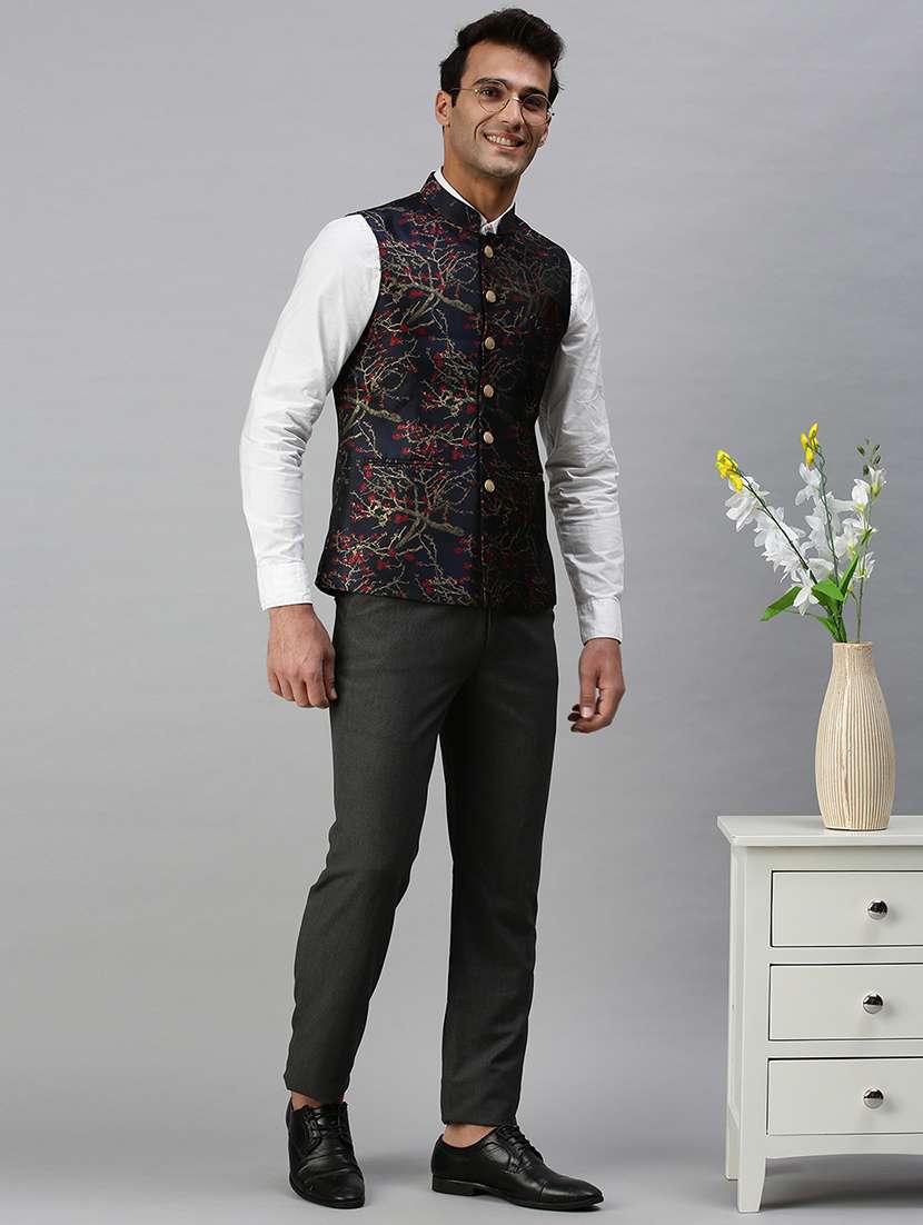 navy blue printed nehru jacket - 18285454 -  Standard Image - 3