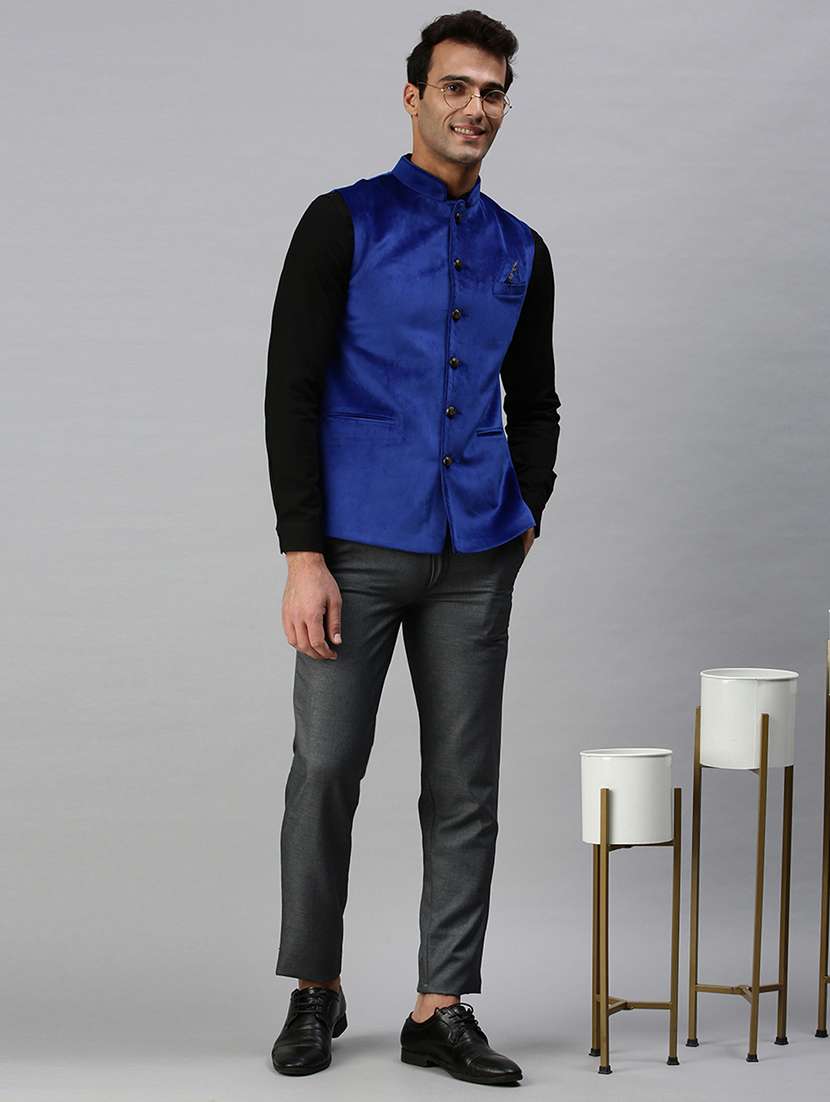 blue solid nehru jacket - 18285457 -  Standard Image - 3