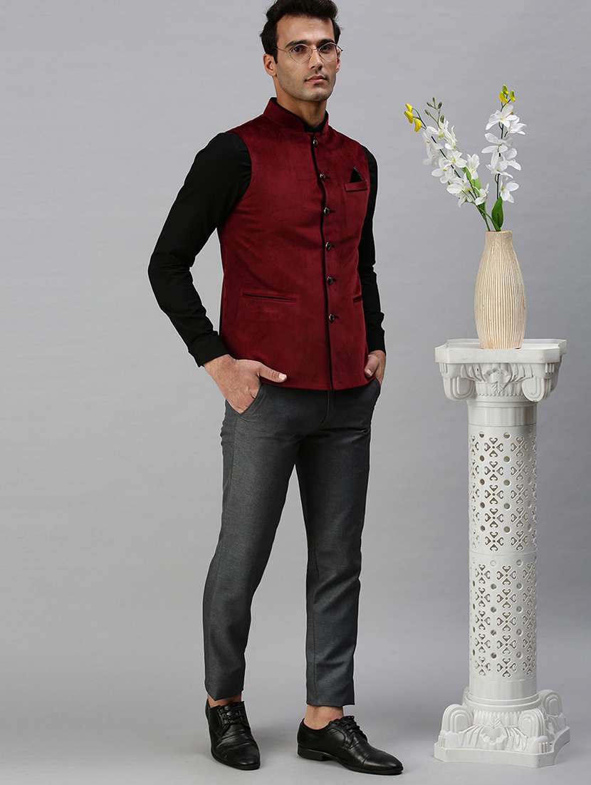 maroon solid nehru jacket - 18285459 -  Standard Image - 3