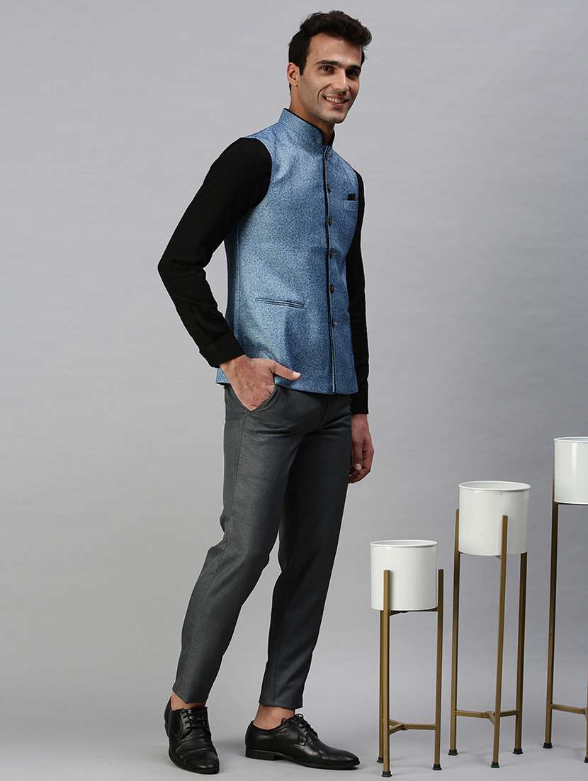 blue self-designed nehru jacket - 18285464 -  Standard Image - 3