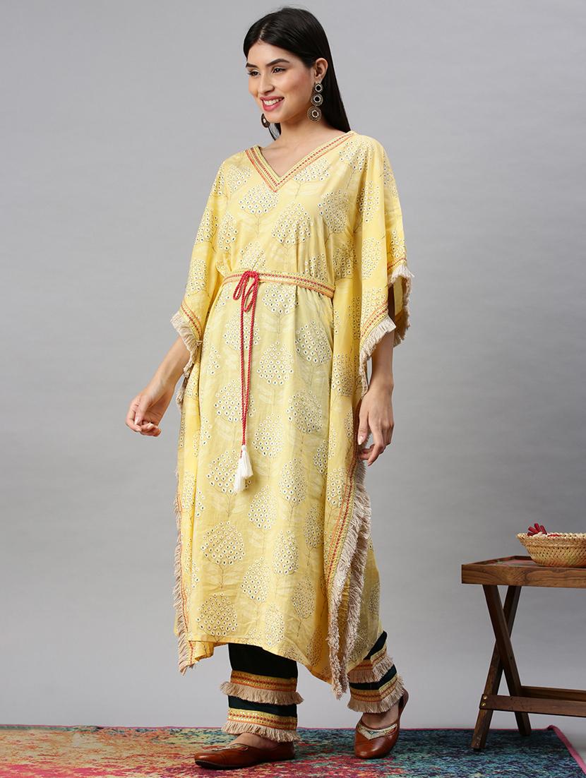 women yellow printed v neck kaftan set - 18285566 - Standard Image - 3