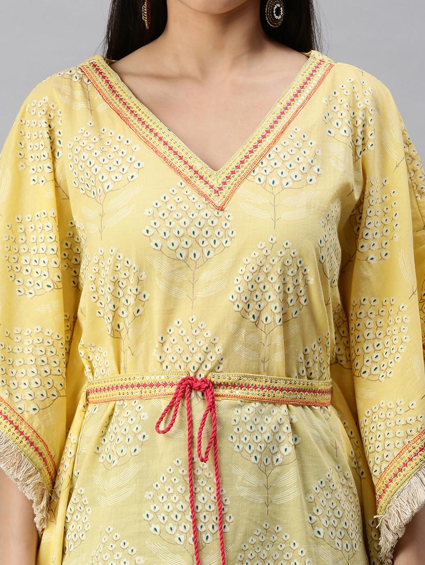 women yellow printed v neck kaftan set - 18285566 - Standard Image - 5