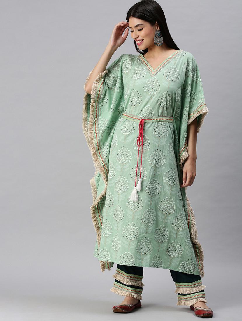 women green printed v neck kaftan set - 18285567 - Zoom Image - 0