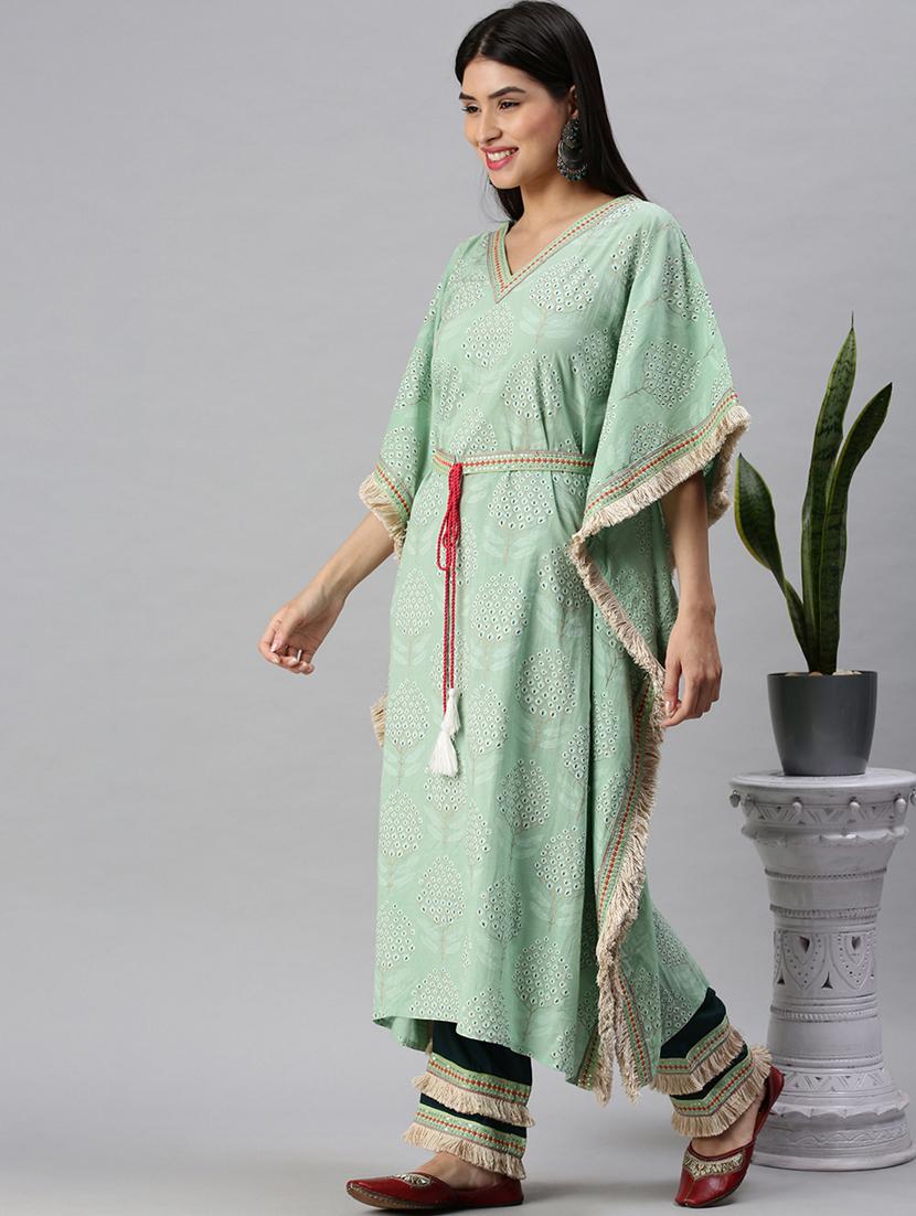 women green printed v neck kaftan set - 18285567 - Standard Image - 3