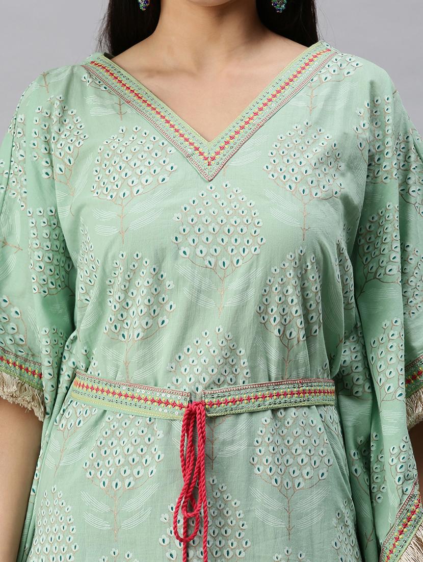 women green printed v neck kaftan set - 18285567 - Standard Image - 5