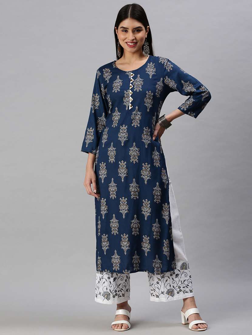 women printed round neck kurta palazzo set
