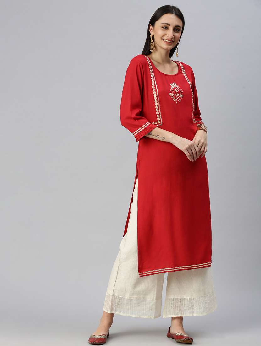 women red zari work round neck kurta palazzo set - 18285583 -  Standard Image - 3