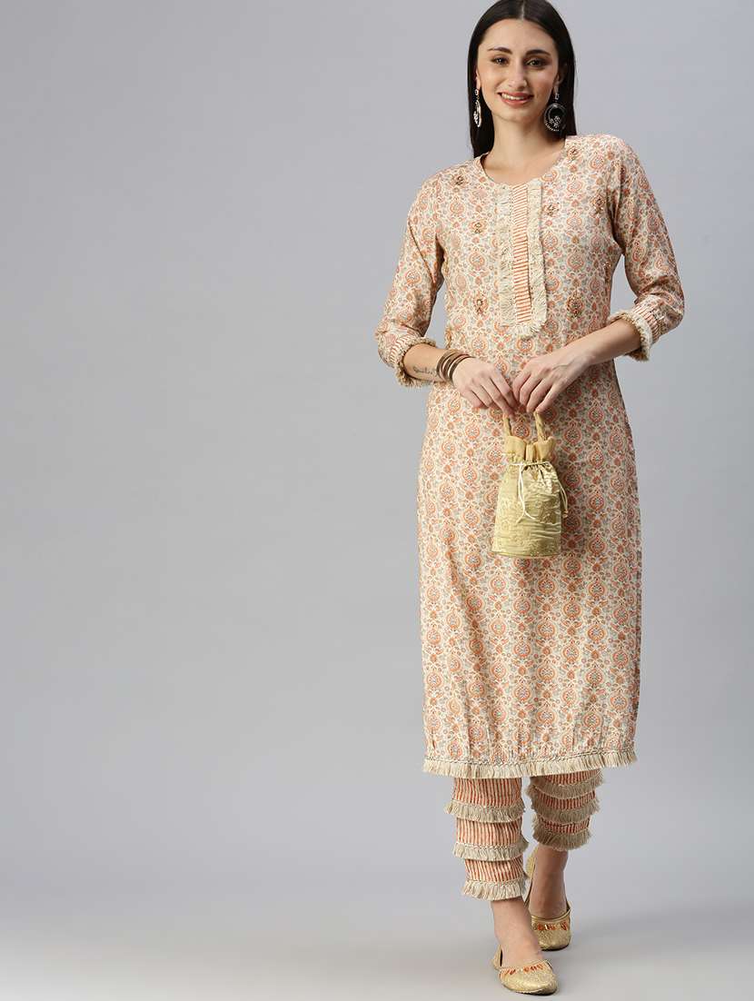 women beige printed round neck kurta pant set - 18285587 -  Standard Image - 3