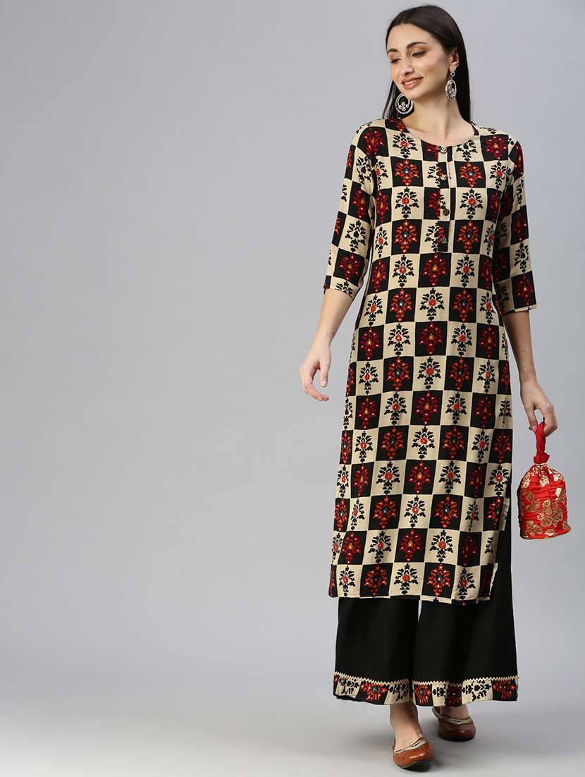 women printed round neck kurta palazzo set - 18285635 -  Standard Image - 3