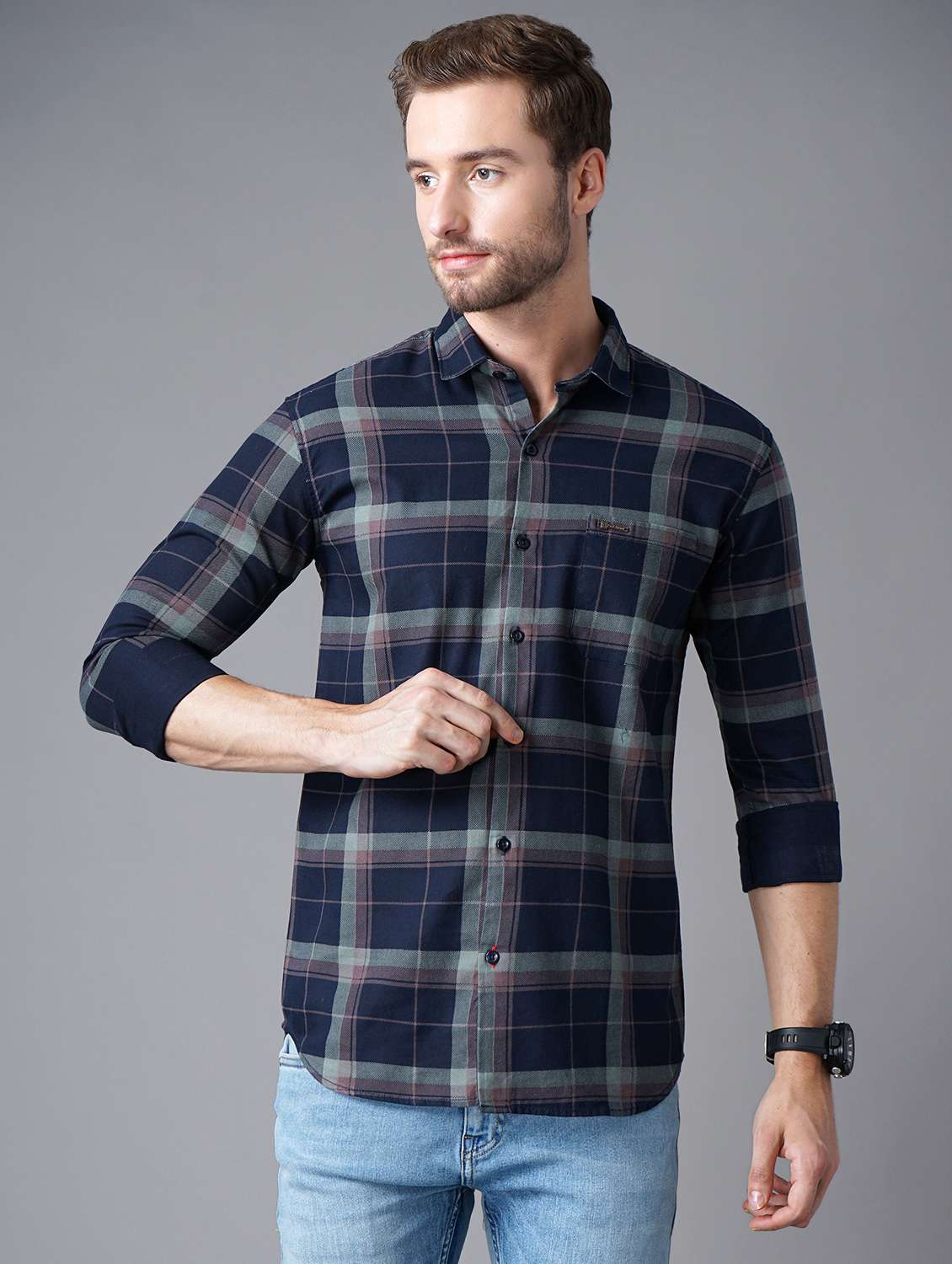 navy blue checked casual shirt