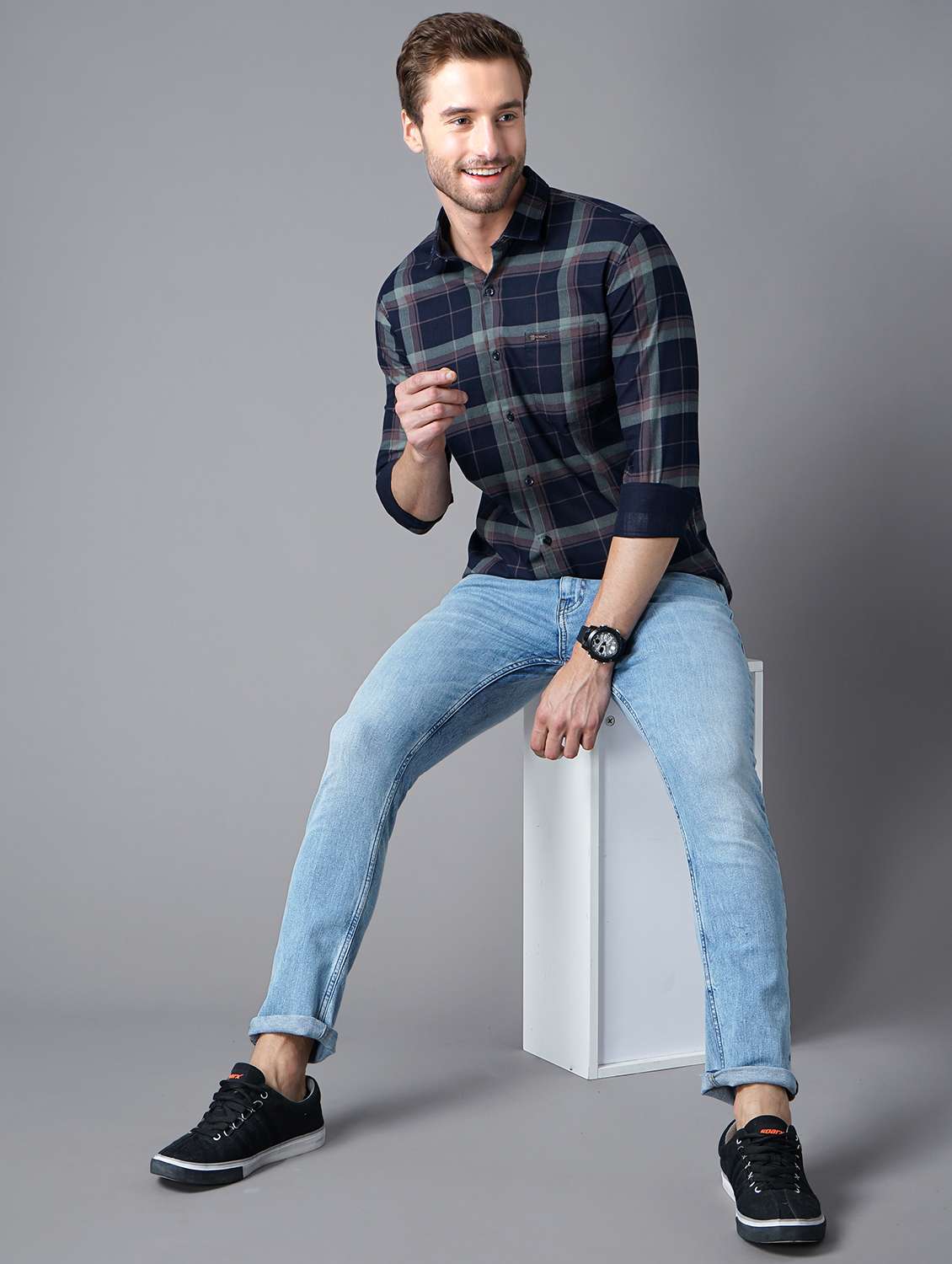 navy blue checked casual shirt - 18287038 -  Standard Image - 3