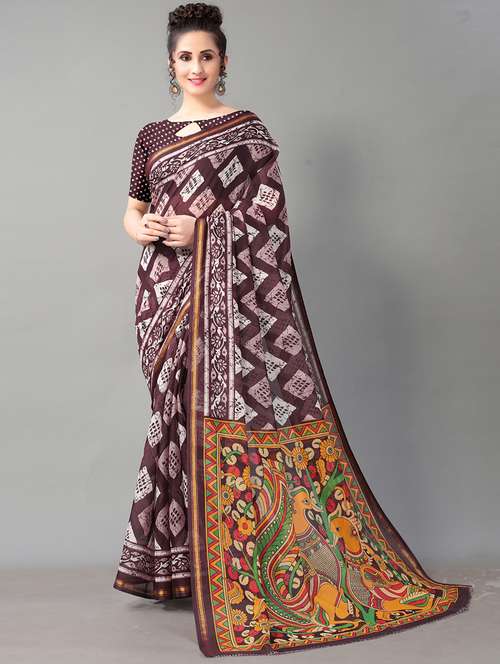 brown cotton blend printed saree with blouse - 18287206 - Standard Image - 0