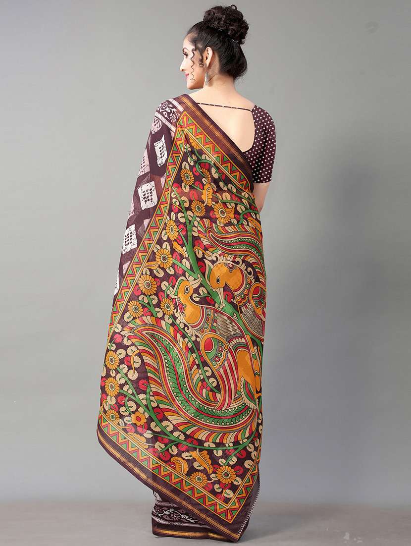 brown cotton blend printed saree with blouse - 18287206 - Standard Image - 3