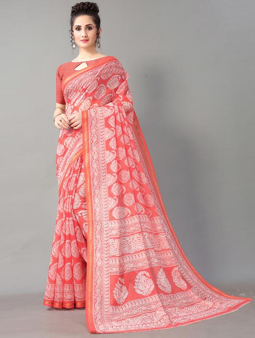 orange cotton blend printed saree with blouse - 18287212 - Standard Image - 0