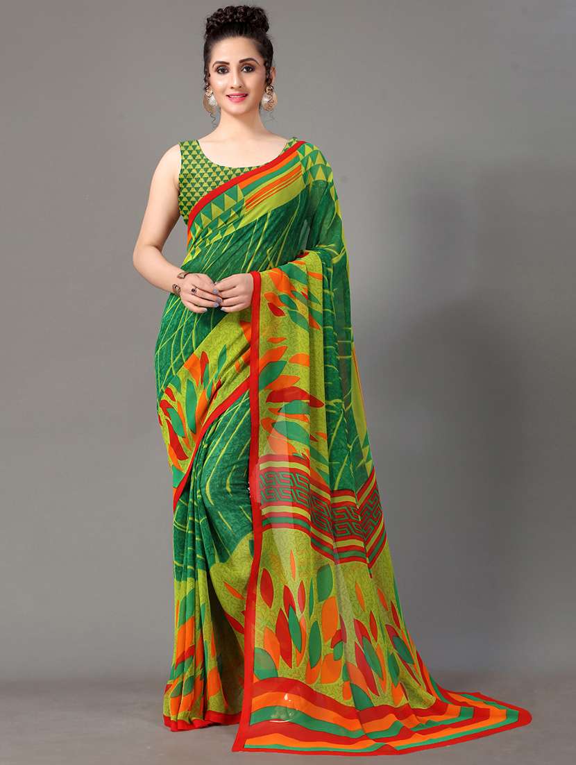 green georgette printed saree with blouse - 18287238 - Zoom Image - 0