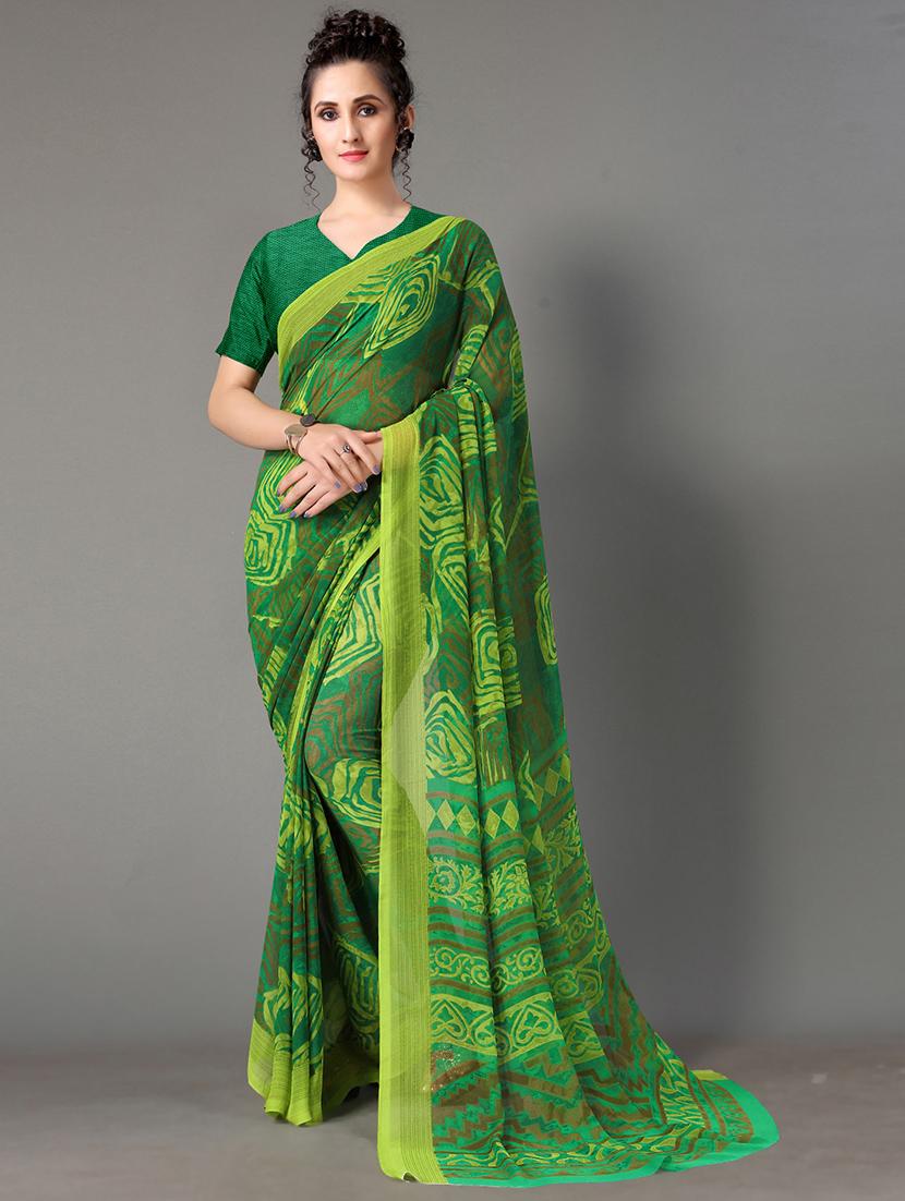 green georgette printed saree with blouse - 18287242 -  Zoom Image - 0
