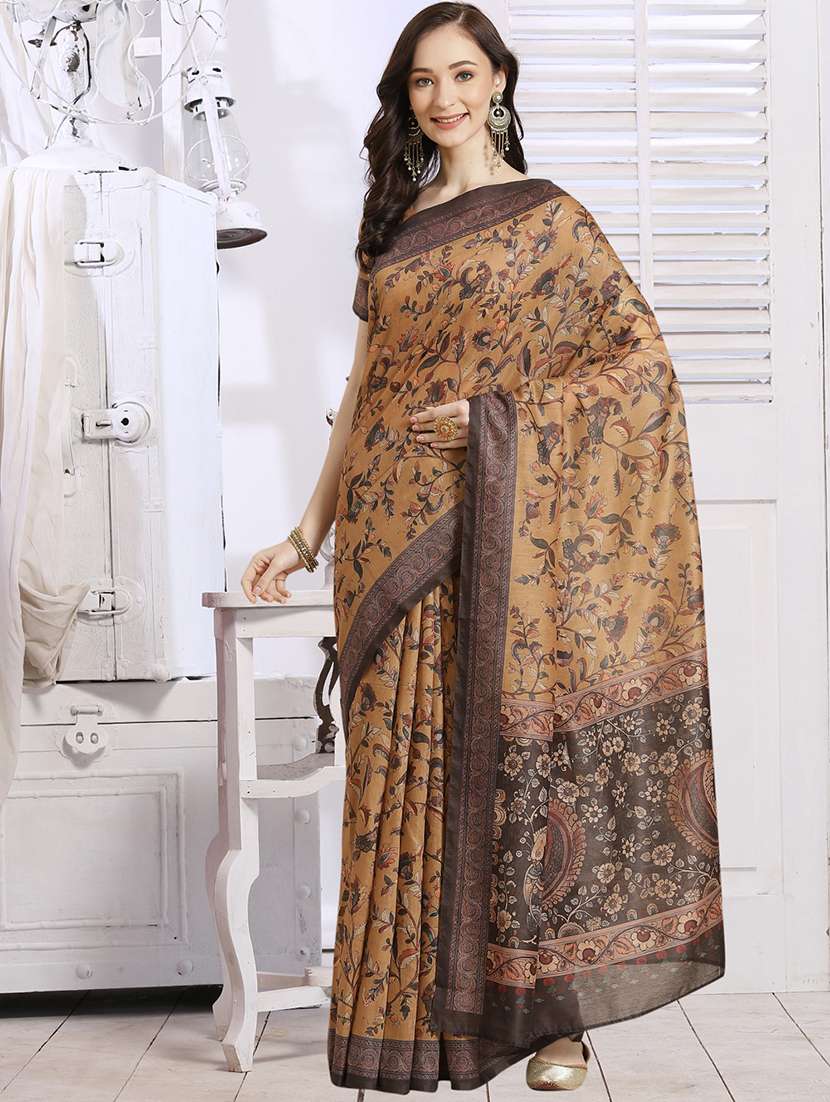 gold chanderi printed saree with blouse