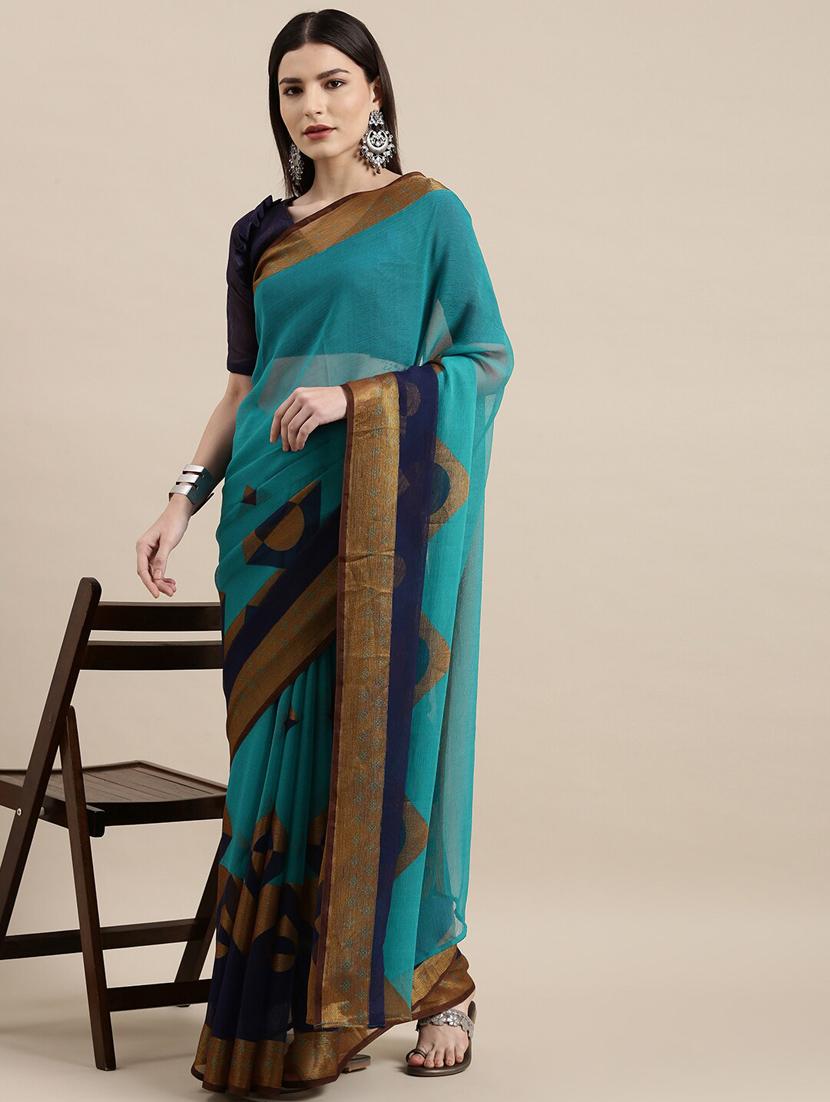 turquoise chiffon printed saree - 18289014 -  Zoom Image - 0