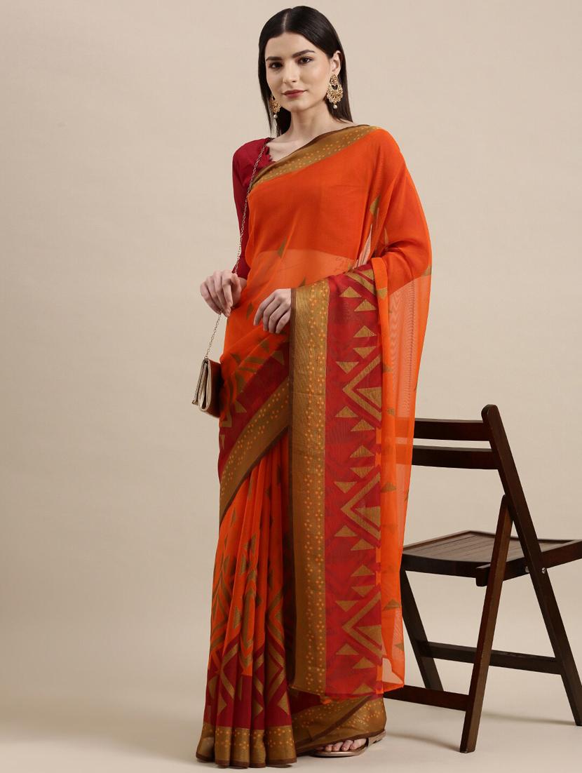 orange chiffon printed saree - 18289023 - Zoom Image - 0
