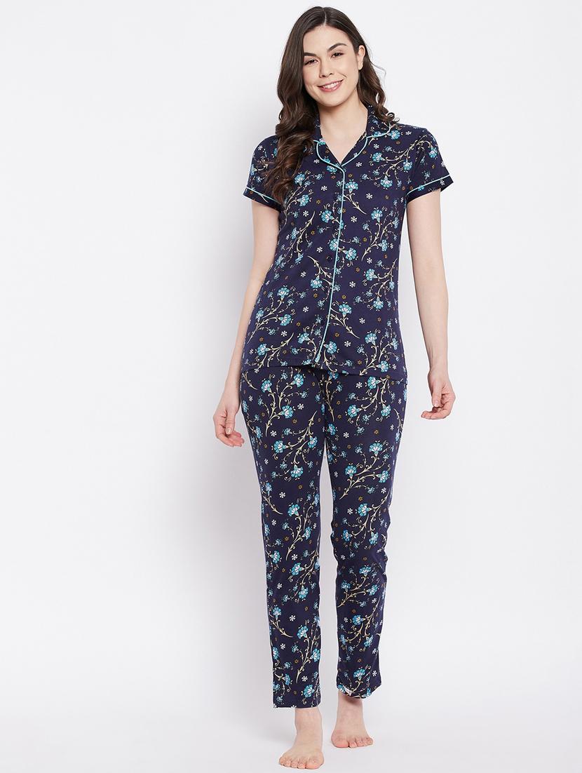 shirt collar printed nightwear pajama set - 18289840 - Zoom Image - 0